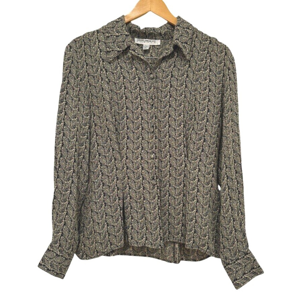 VTG! Gruppo Americano‎ Studio Button Up Fitted Blouse Gold Beige Paisley L USA